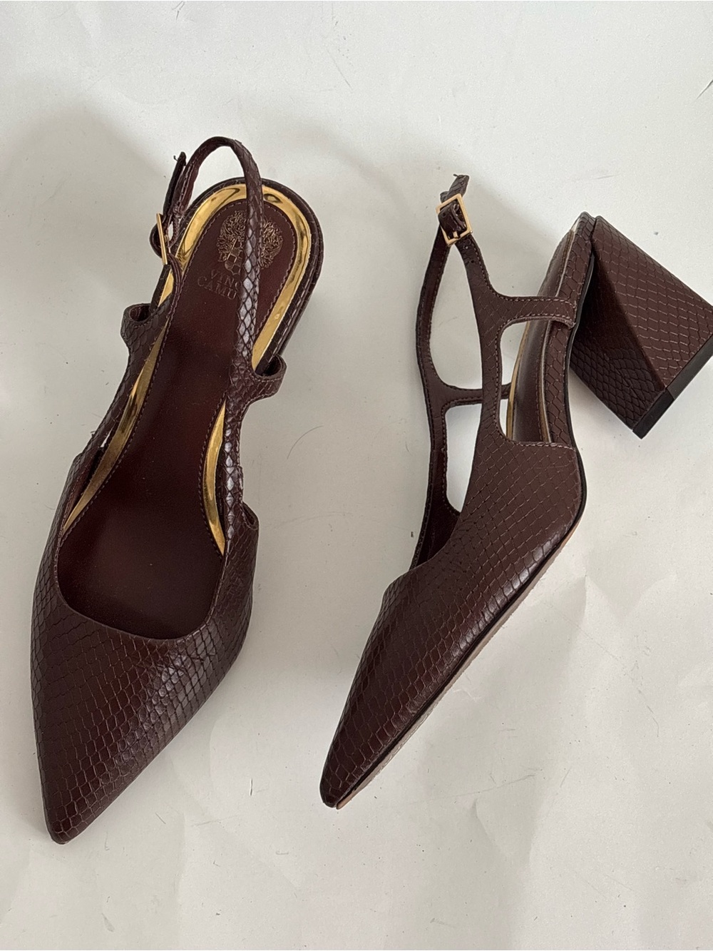 Vince Camuto sindree sling back pumps chocolate brown snake embossed leather